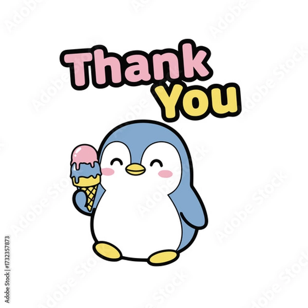 Fototapeta Charming cartoon penguin holding colorful ice cream cone, with thank you text above, , perfect for sweet and delightful expression gratitude