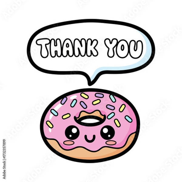 Fototapeta Cute cartoon donut with pink frosting and sprinkles saying thank you in speech bubble