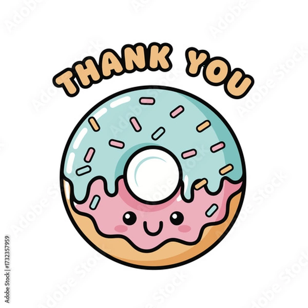 Fototapeta Charming cartoon donut with pink and blue frosting and sprinkles, expressing thanks