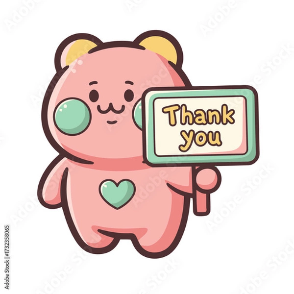 Fototapeta Cute pink bear holding sign with thank you text, , perfect for expressing gratitude and appreciation in charming and adorable way, suitable for cards, gifts, and digital messages