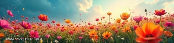 Fototapeta A vibrant field of blossoming flowers explodes with color, representing the boundless nature of imagination taking root and flourishing , wonder, colorful, spring