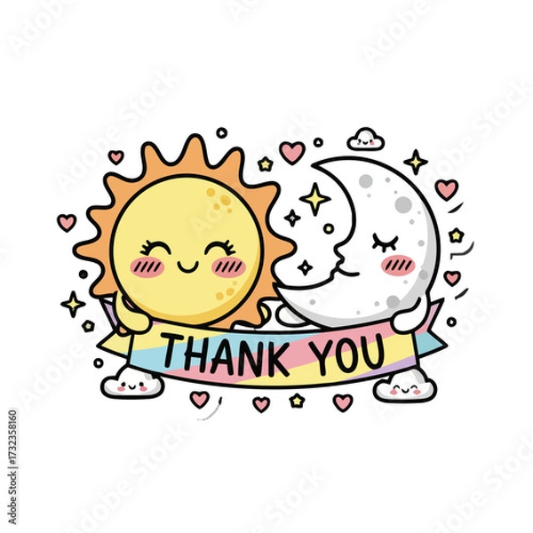 Fototapeta Happy cartoon sun and moon characters holding colorful ribbon with thank you text, surrounded by hearts and stars, , symbolizing day and night gratitude and appreciation