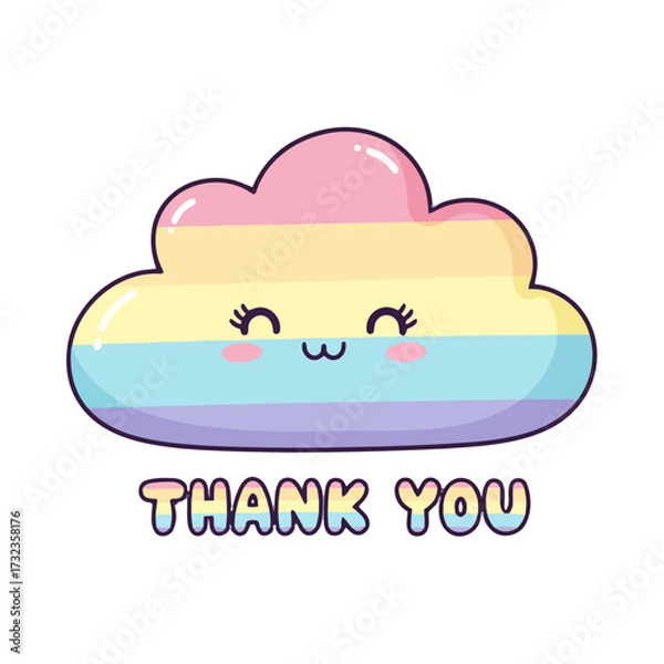 Fototapeta Cute rainbow cloud character with happy expression, holding banner with thank you text below, , perfect for expressing thanks in colorful and cheerful way