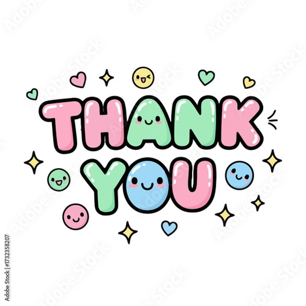 Fototapeta Colorful thank you text with cute smiling faces, hearts, and stars