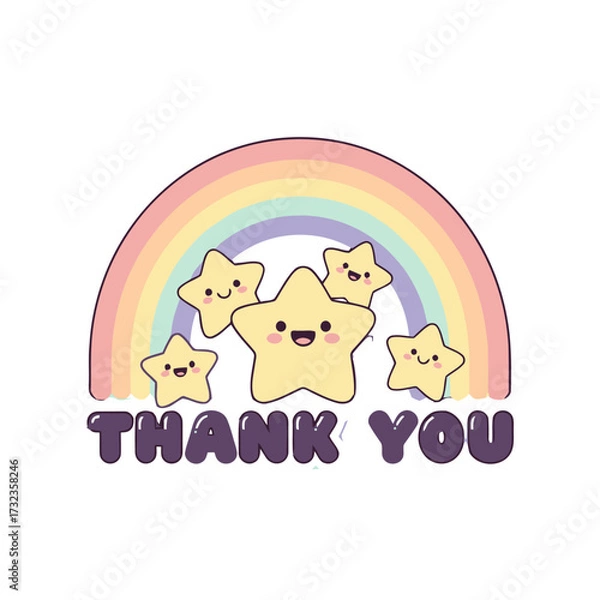 Fototapeta Charming cartoon stars with happy faces in front pastel rainbow and the text thank you isolated on transparent, perfect for cheerful messages and thank you notes