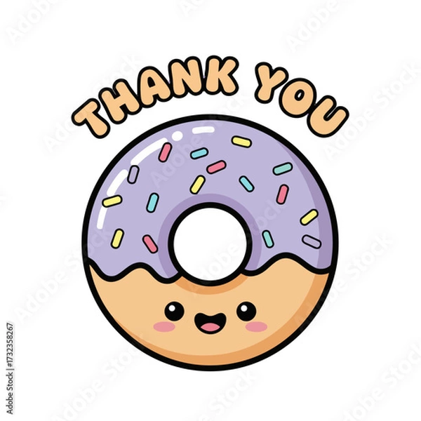 Fototapeta Adorable cartoon donut with happy face, colorful sprinkles, and the text thank you isolated on transparent, ideal for expressing gratitude or as sweet treat