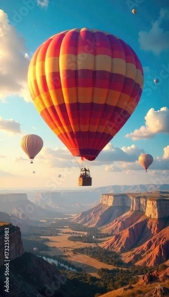 Fototapeta A vibrant hot air balloon soaring above a surreal landscape, embodying limitless possibilities and the boundless nature of imagination , liberation, vibrant