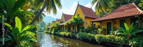 Fototapeta A vibrant juxtaposition of Brazilian and Dutch cultures; lush tropical foliage meets classic Dutch architecture, creating a unique and striking visual , history, Sao Paulo, light