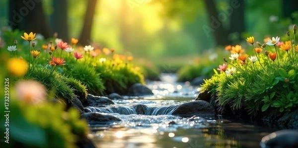 Fototapeta A vibrant, lush spring bursting with new growth, symbolizing renewal and healing; water gently flows from the source, reflecting the sun's rays , life, therapeutic, healing