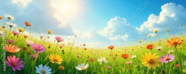 Fototapeta A vibrant meadow explodes with color, wildflowers swaying gently in a warm spring breeze  Sunlight streams through the clouds, illuminating a scene of carefree natural beauty ,  light,  pollen
