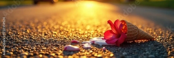 Fototapeta Sun-baked asphalt shimmering with heat, a discarded ice cream cone melts, a wilting flower droops in the intense summer heat A scene of simmering, almost violent, summer rage , blazing, summer