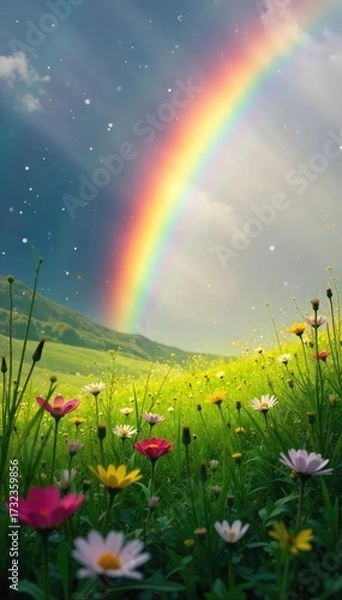 Fototapeta A vibrant rainbow arcing over a lush green meadow, sunlight illuminating wildflowers and dew-kissed grass Nature's breathtaking spectacle captured at dawn , tranquil, idyllic