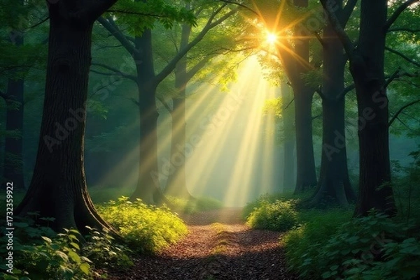 Fototapeta Sunbeams pierce a dense forest canopy, illuminating a mystical path through ancient trees and dappled shadows  A magical scene of nature's beauty and serenity , canopy, perspective, dark