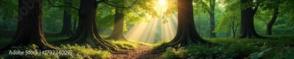 Fototapeta Ancient Trees Reaching for Sunlight in a Sun-Dappled Forest A Serene Wilderness Scene Perfect for Nature Conservation and Environmental Projects