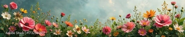 Fototapeta A vibrant, rustic nature bouquet overflowing with wildflowers, lush greenery, and delicate blossoms  Perfect for spring, summer, or floral design inspiration ,  texture,  bouquet