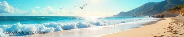Fototapeta A vibrant seascape brimming with joy; sun-drenched waves crash gently on a pristine beach, seagulls soar overhead, creating a tranquil yet exhilarating scene of pure coastal bliss , bliss, calm