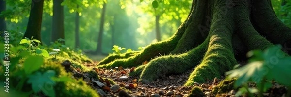 Fototapeta Sun-dappled forest floor, lush green moss covering ancient tree roots, dappled sunlight filtering through leaves, tranquil woodland scene, peaceful nature background , forestry, relaxing, sunbeams