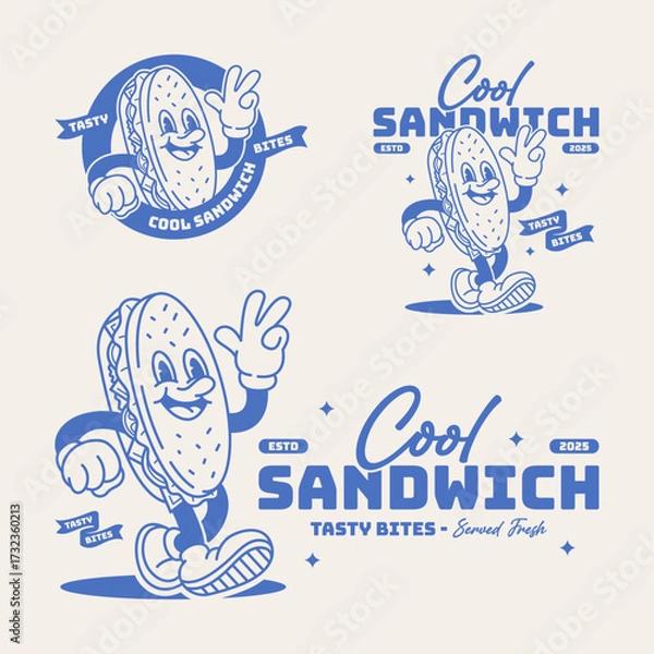 Obraz Retro rubber hose style mascot of a smiling sandwich character walking and making a peace gesture. Vintage cartoon illustration with typography for cafe branding and food packaging.