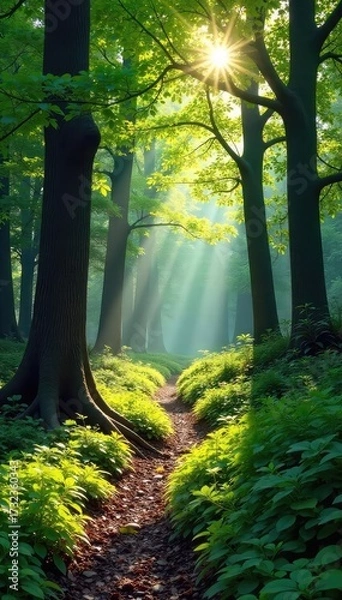 Fototapeta Sun-dappled forest floor, lush green undergrowth, ancient trees casting shadows  Tranquil woodland scene perfect for nature-themed projects , natural, environment