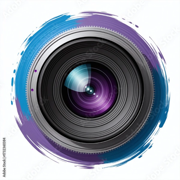 Fototapeta Capturing memories a vibrant camera lens surrounded by artistic blue and purple splashes on pure