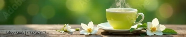 Fototapeta Steaming cup of jasmine green tea, delicate white flowers scattered nearby, soft natural light illuminates the scene, creating a serene and calming atmosphere ,  aroma therapy,  infusion