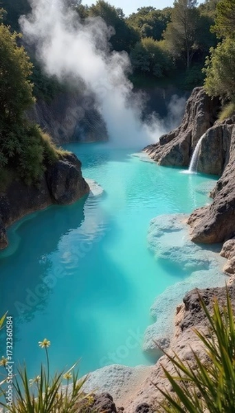 Fototapeta Steaming geothermal water flows into a natural pool, surrounded by lush green vegetation and volcanic rock formations  Ideal for travel, nature, and wellness imagery , volcanic, relaxation