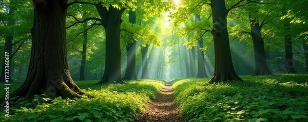 Fototapeta Sun-dappled forest floor, lush green undergrowth, ancient trees reaching for the sky, dappled sunlight filtering through leaves ,  environment,  leaves,  forest path