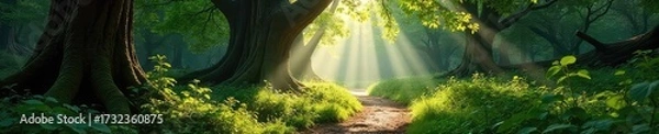 Fototapeta Sun-dappled forest path winding through ancient trees, dappled light filtering through leaves, creating a magical atmosphere Perfect for fantasy, fairytale, or nature themes , green, untamed