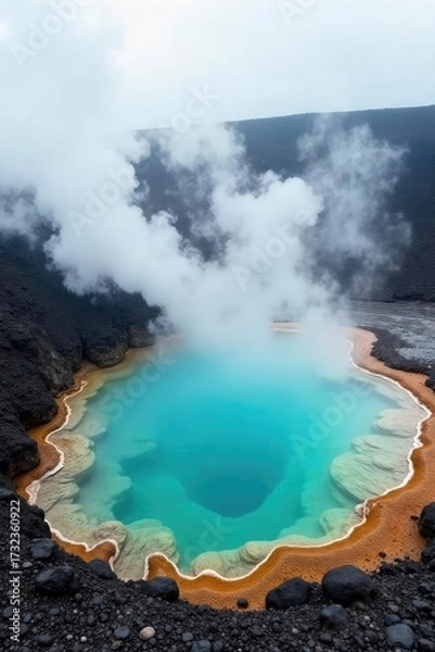 Fototapeta Steam rises from a geothermal hot spring, creating an ethereal, misty landscape  The turquoise water is inviting, surrounded by rugged volcanic rock formations ,  texture,  therapeutic,  calm