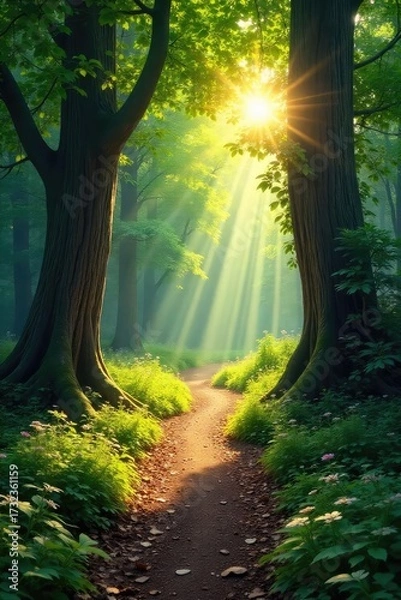 Fototapeta Sun-Dappled Path Winding Through Ancient Woodland A Serene and Tranquil Nature Scene Perfect for Relaxation and Escape