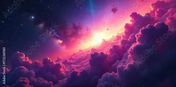 Fototapeta Stunning cosmic clouds of gas and dust, swirling in vibrant hues of red, blue, and purple, illuminating the vast expanse of space  A breathtaking celestial landscape ,  majestic,  emission nebula