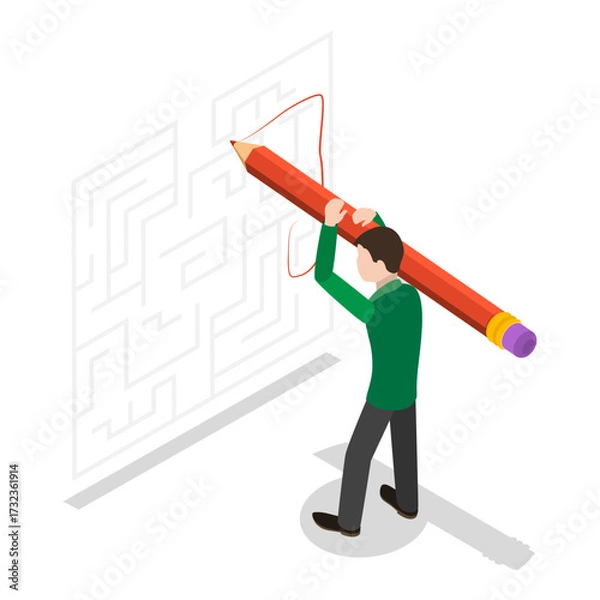Fototapeta 3D Isometric Flat Vector Illustration of Searching for Idea, Navigation Through Maze Leads to Discovering Solution. Item 1