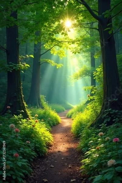 Fototapeta Sun-dappled forest path winds through lush greenery, sunlight filtering through leaves, creating a magical, peaceful scene A hidden paradise awaits exploration , leaves, branches