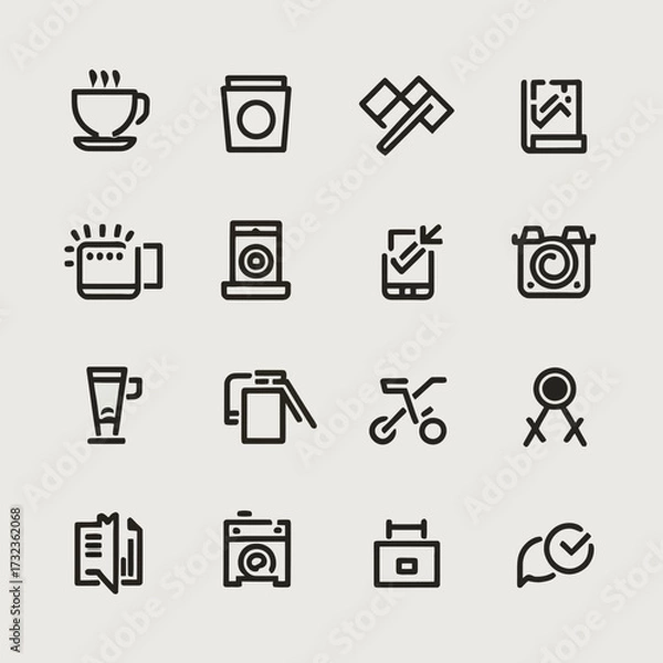 Obraz Clean minimalist vector icons set featuring coffee camera book and more scalable graphics silhouette white background