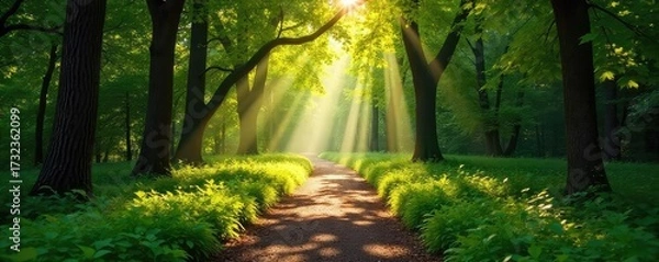 Fototapeta Sun-dappled path winding through a lush forest park, sunlight filtering through leaves, creating a magical atmosphere Perfect for nature, tranquility, and escape themes , trees, countryside, journey