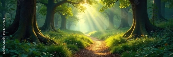 Fototapeta Sun-dappled path winding through a lush, ancient forest, sunlight filtering through the canopy, creating a magical atmosphere Perfect for nature, travel, and fantasy themes , ecology, shadows