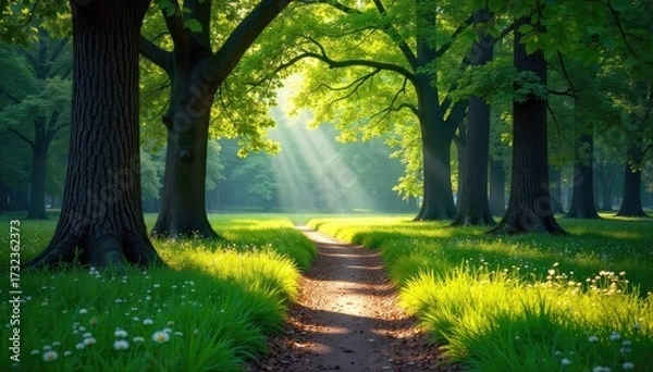 Fototapeta Sun-dappled path winds through lush green forest park, ancient trees casting shadows, vibrant undergrowth, tranquil scene , shadow, quiet