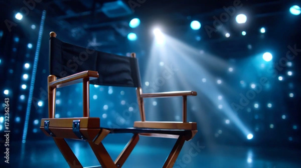 Fototapeta Cinematic dramatic studio scene featuring black director chair illuminated by soft blue lights, creating captivating atmosphere for film production