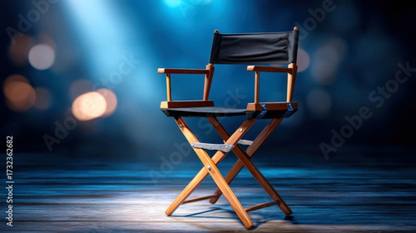 Fototapeta Cinematic dramatic studio with black director chair, illuminated by soft blue lights, creating captivating atmosphere for film production