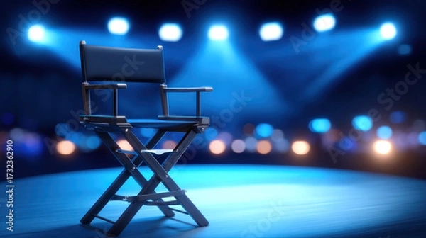 Fototapeta Cinematic low angle hero shot of black director chair on stage with blue spotlight and bokeh background, evoking sense of creativity and inspiration