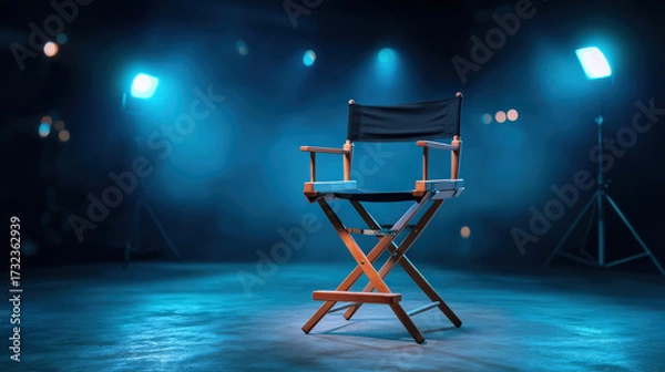 Fototapeta Cinematic studio setup featuring black director chair illuminated by soft blue lights, creating dramatic atmosphere perfect for film production