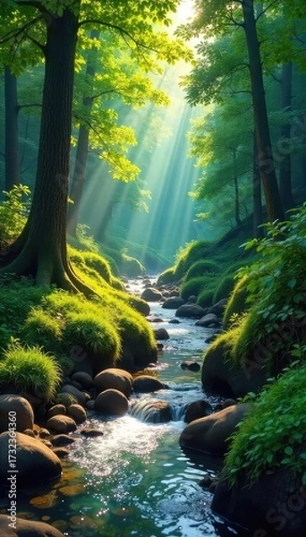 Obraz Sun-drenched forest clearing, vibrant green foliage, crystal-clear stream meandering through lush undergrowth A hidden paradise awaits discovery amidst nature's beauty , pristine, secluded