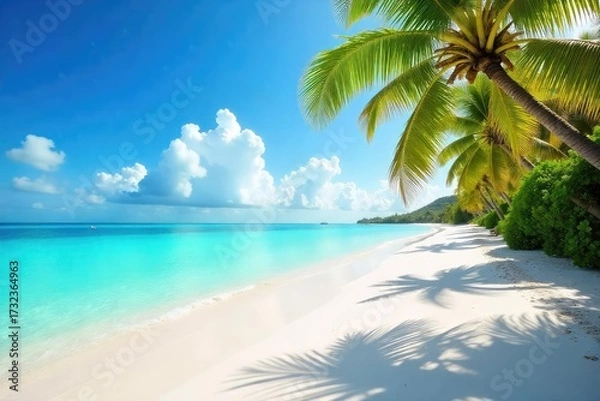 Fototapeta Sun-drenched Maldivian beach scene in summer, turquoise water laps gently against white sand, lush palm trees sway in the warm breeze, offering a tranquil paradise escape , tranquil, sand, summer