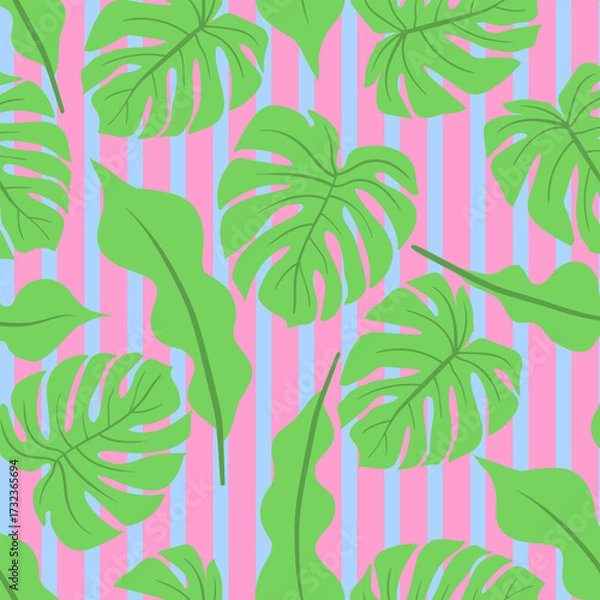 Fototapeta Green tropical palm leaves seamless vector pattern on striped background. Trendy summer print.	