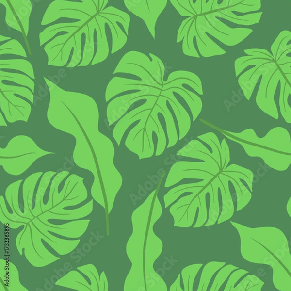 Fototapeta Green tropical palm leaves seamless vector pattern on the black background. Trendy summer print.	
