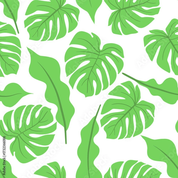 Fototapeta Green tropical palm leaves seamless vector pattern on white background. Trendy summer print.	