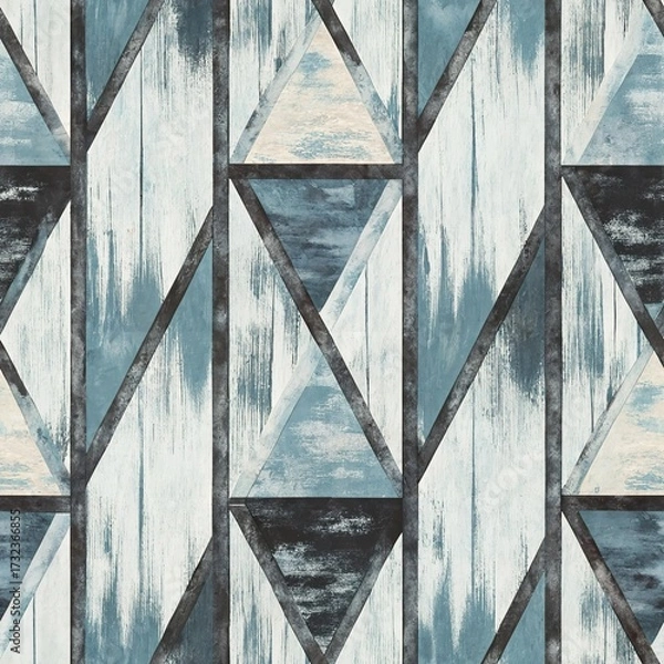 Fototapeta Geometric triangular pattern on distressed wood texture in teal, white, black colors. Modern abstract wooden background with diamond shapes design