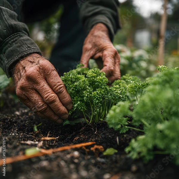 Fototapeta A person is gently nurturing fresh parsley in a thriving garden. The cloudy atmosphere enhances the rich colors of the plants, showcasing a connection to nature and gardening