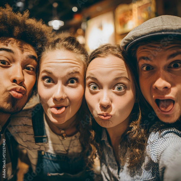 Fototapeta Four friends gather in a cozy cafe, showcasing their playful side by making humorous faces. The lively ambiance is enhanced by warm lighting and art-filled walls