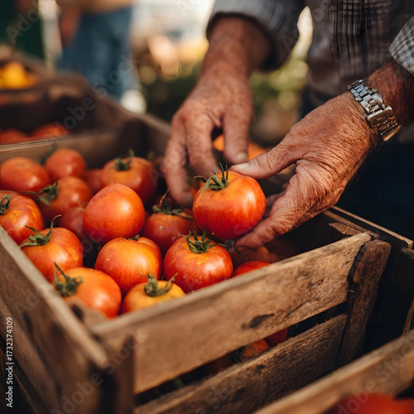 Fototapeta An older man inspects and selects fresh tomatoes in wooden crates at a sunny farmers market. The vibrant produce glistens under natural light, showcasing a variety of colors